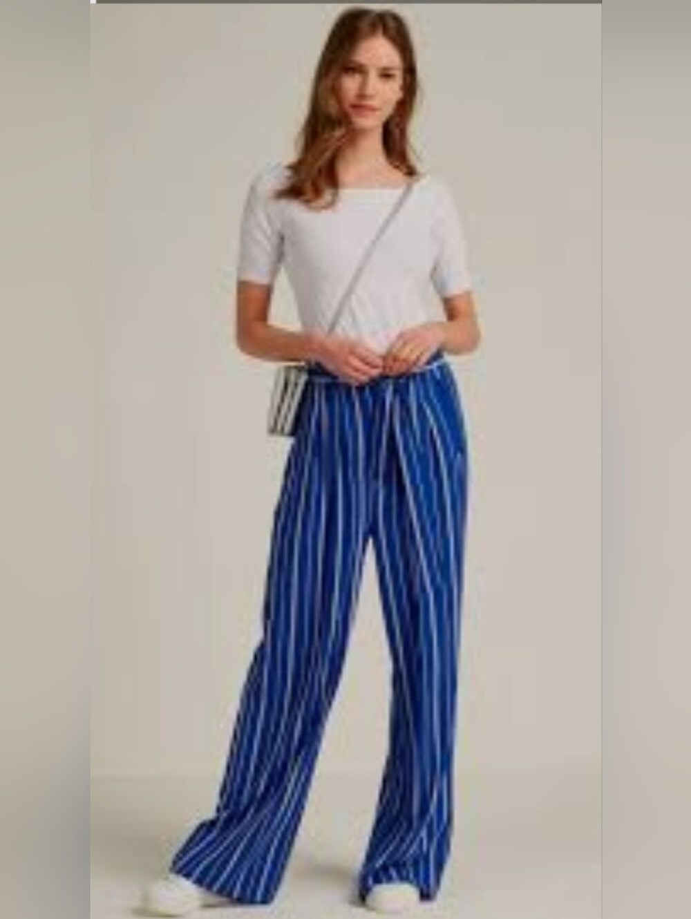 New York Invasion Blue and White Vertical Stripe Elastic Tie Front Waist Pants